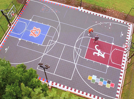 backyard basketball court set up in a beautiful backyard