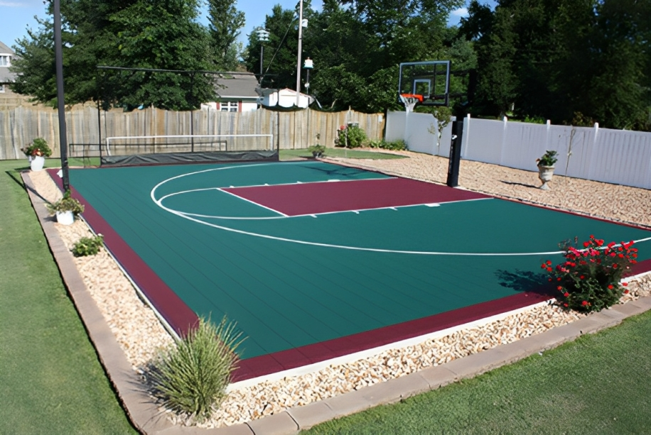 backyard basketball court set up in a beautiful backyard