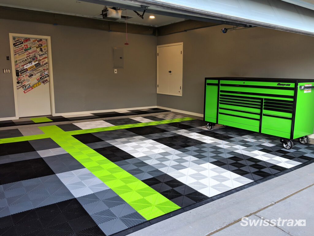 empty garage with colorful swisstrax flooring