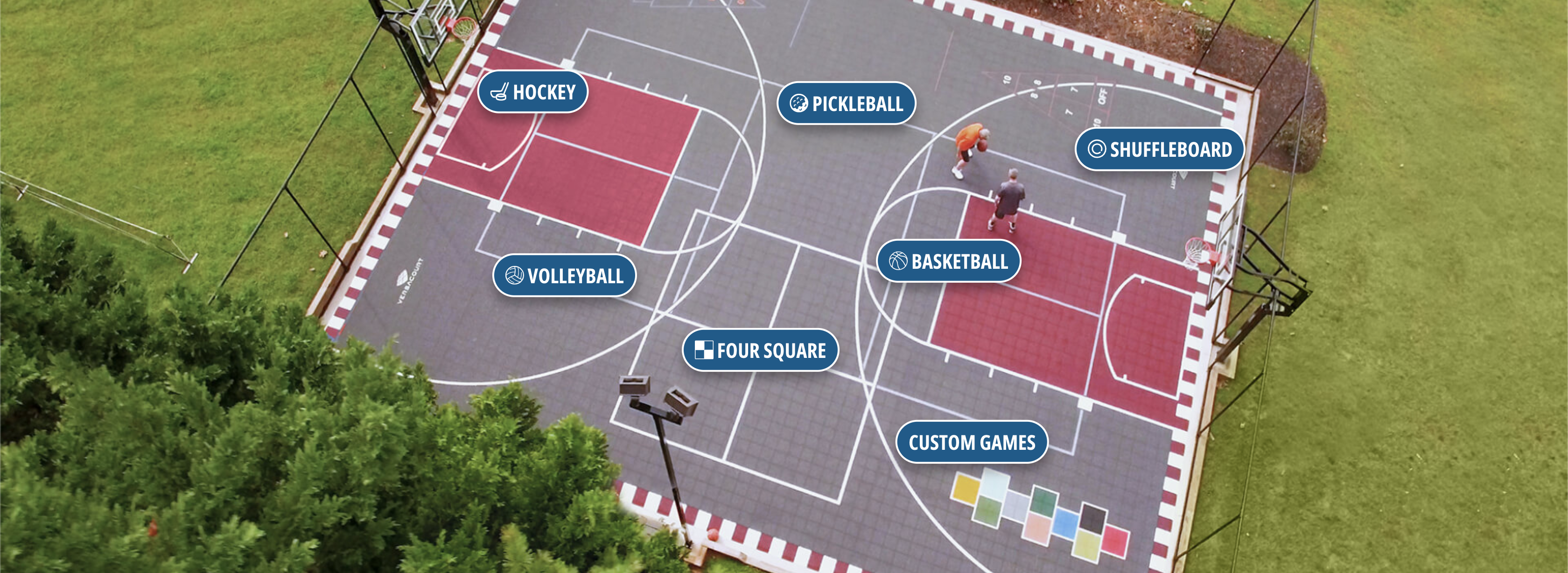 versacourt aerial view with different sports labeled on the court